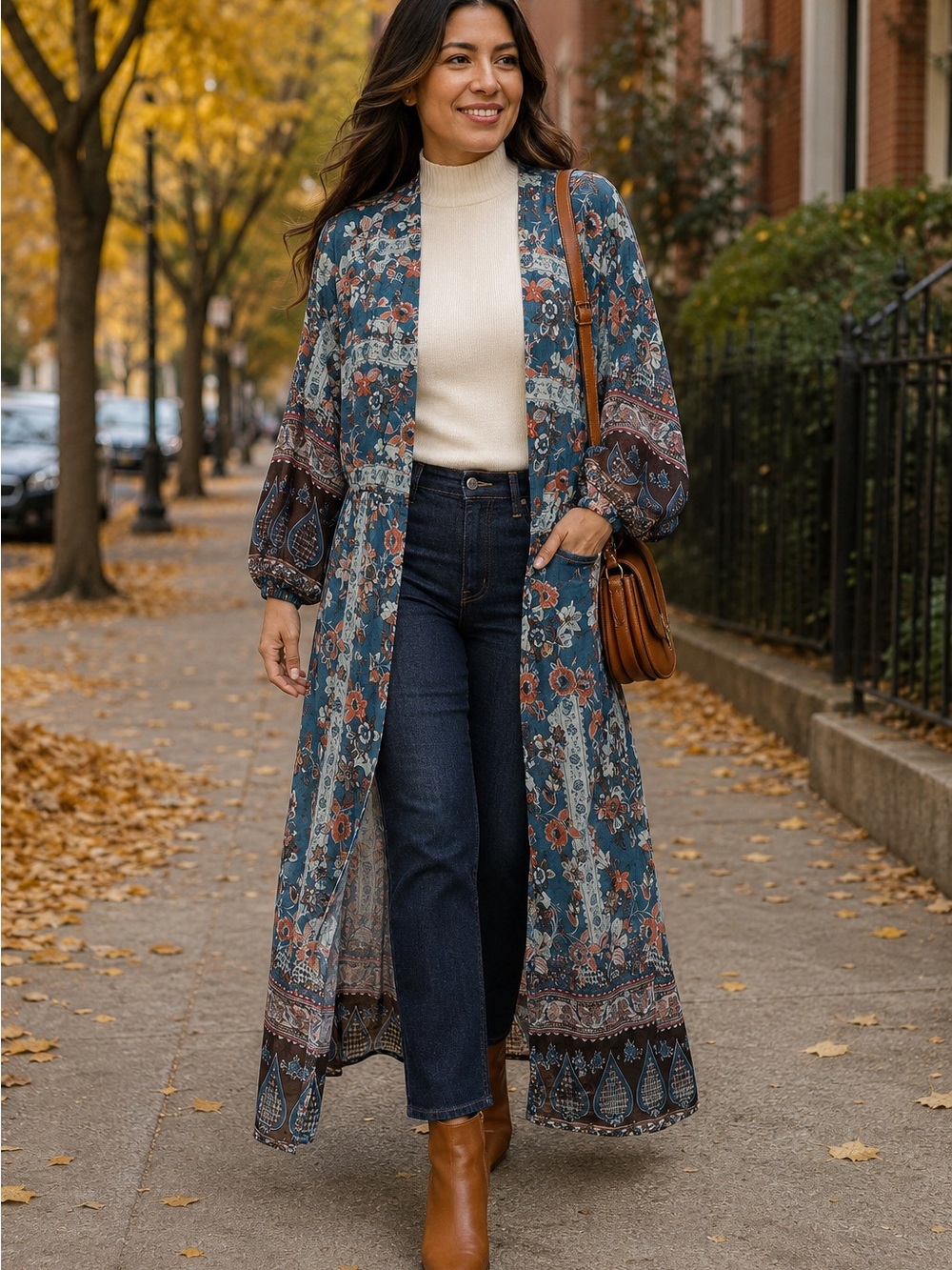 Umgee Teal Floral Boho Maxi Kimono Duster Size Medium - Picture 3 of 12
